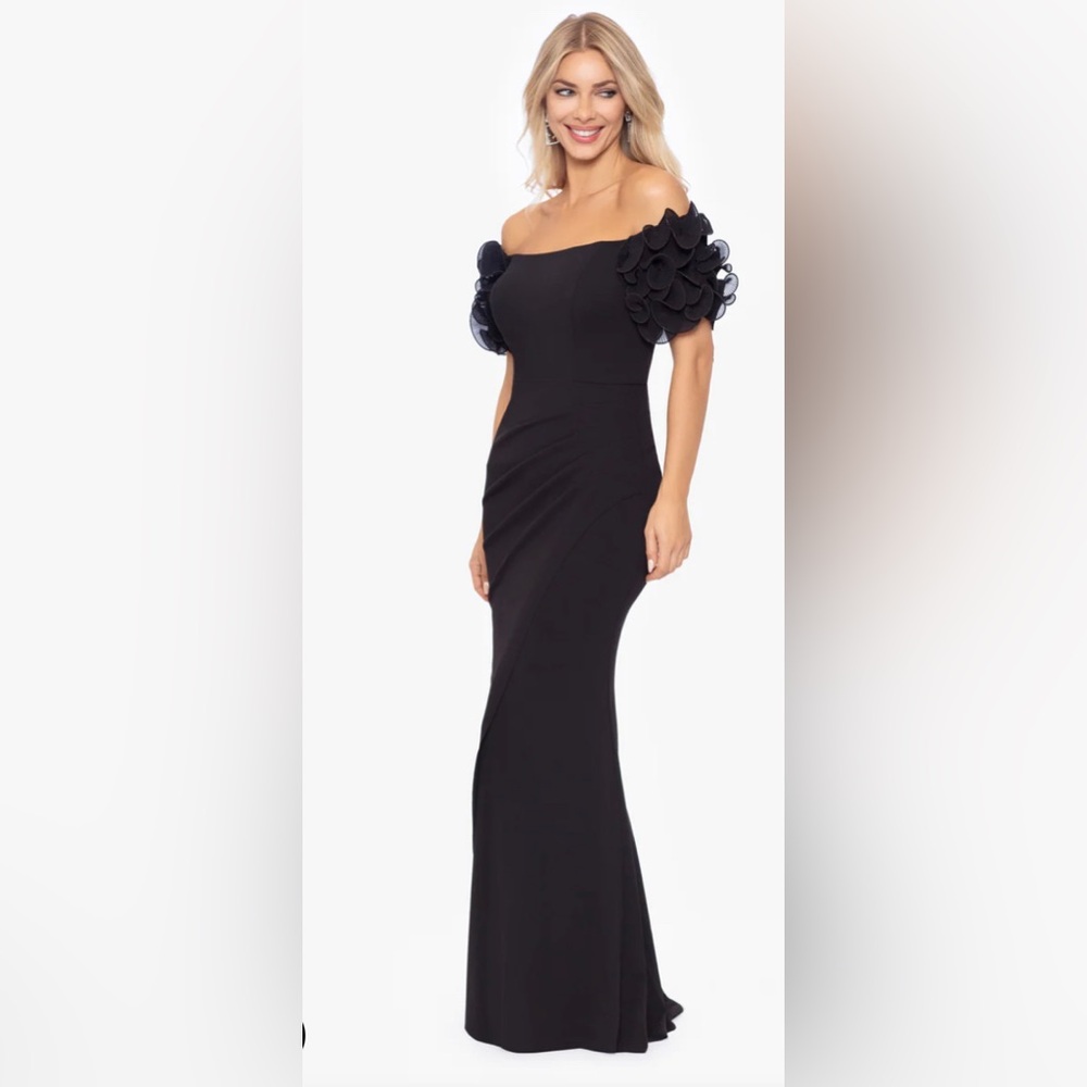 PETITE "ASHLYN" LONG SCUBA CREPE OFF THE SHOULDER WIRE FLOWER GOWN